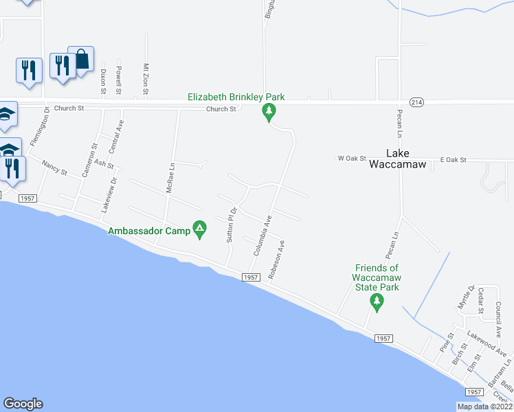 map of restaurants, bars, coffee shops, grocery stores, and more near 110 Stuart Avenue in Lake Waccamaw