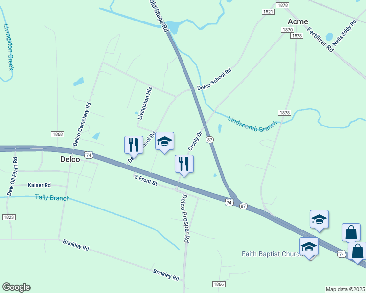 map of restaurants, bars, coffee shops, grocery stores, and more near 253 Cronly Drive in Delco