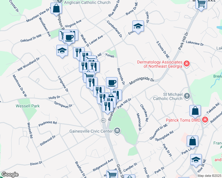 map of restaurants, bars, coffee shops, grocery stores, and more near 1079 Riverside Terrace in Gainesville