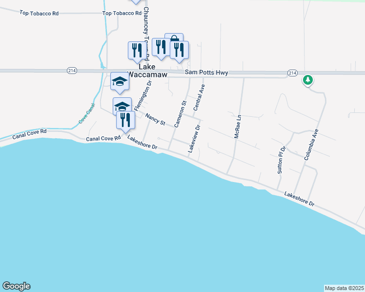 map of restaurants, bars, coffee shops, grocery stores, and more near 308 Lakeshore Drive in Lake Waccamaw