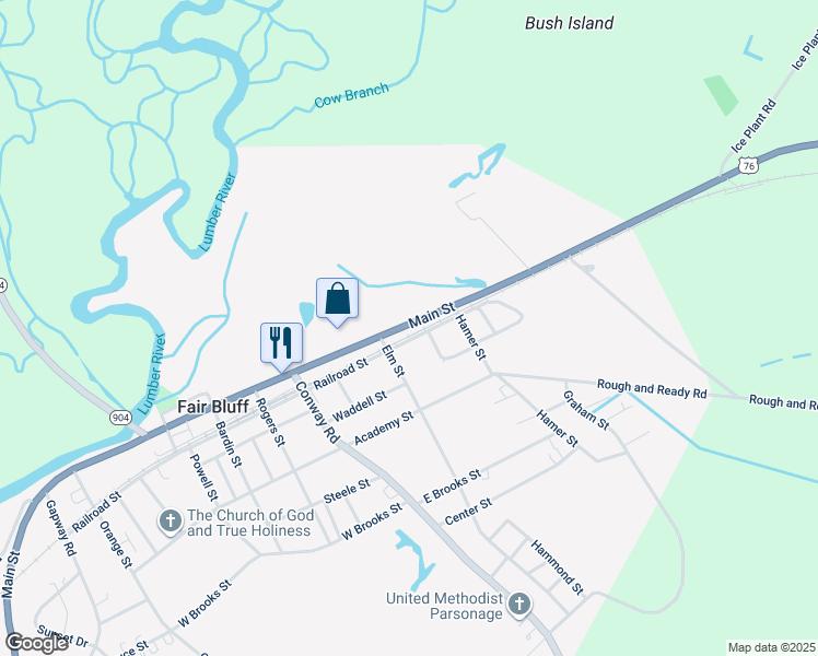 map of restaurants, bars, coffee shops, grocery stores, and more near 589 Main Street in Fair Bluff