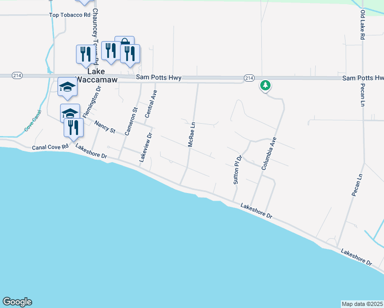 map of restaurants, bars, coffee shops, grocery stores, and more near 401 Mcrae Lane in Lake Waccamaw