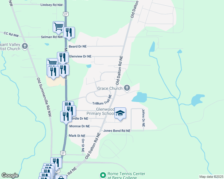 map of restaurants, bars, coffee shops, grocery stores, and more near 8 Trillium Trail Northeast in Rome