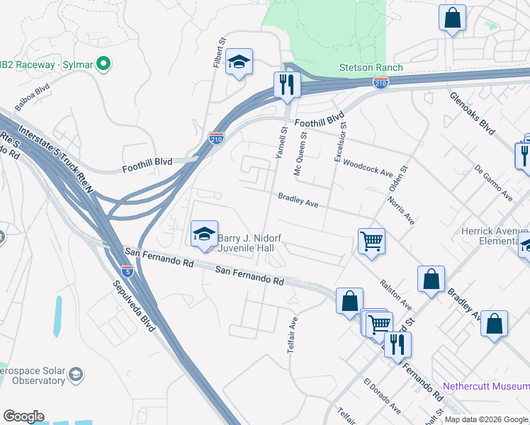 map of restaurants, bars, coffee shops, grocery stores, and more near 16151 Yarnell Street in Los Angeles
