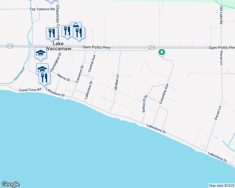 map of restaurants, bars, coffee shops, grocery stores, and more near 401 Mcrae Lane in Lake Waccamaw