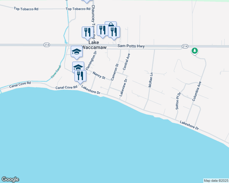 map of restaurants, bars, coffee shops, grocery stores, and more near 306 Lakeshore Drive in Lake Waccamaw