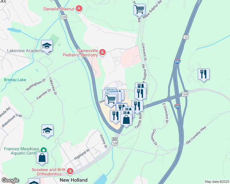 map of restaurants, bars, coffee shops, grocery stores, and more near Way Northeast in Gainesville