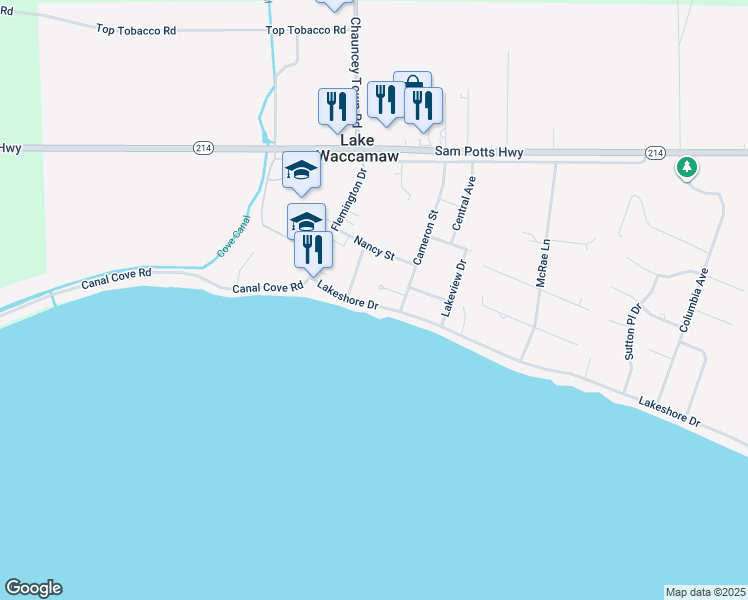 map of restaurants, bars, coffee shops, grocery stores, and more near 208 Lakeshore Drive in Lake Waccamaw