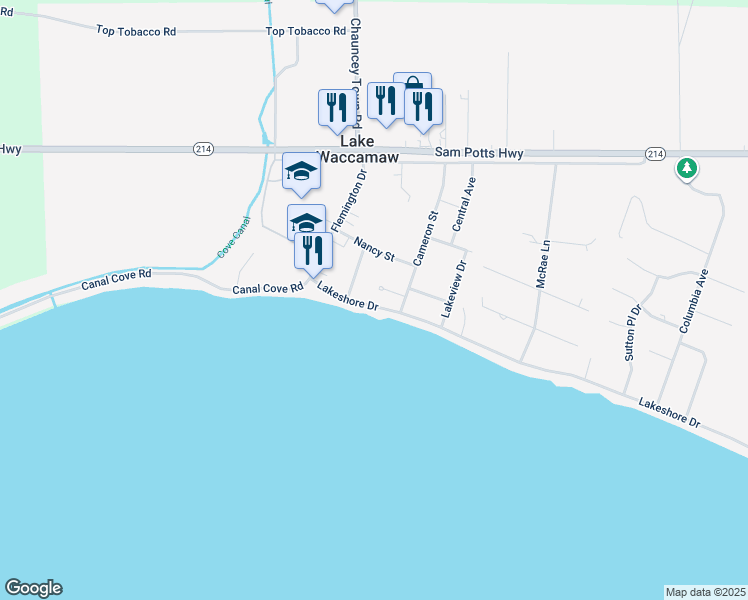 map of restaurants, bars, coffee shops, grocery stores, and more near 208 Lakeshore Drive in Lake Waccamaw