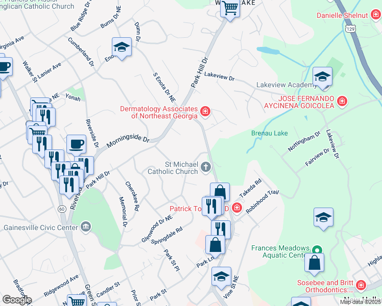 map of restaurants, bars, coffee shops, grocery stores, and more near 1387 Springdale Road in Gainesville