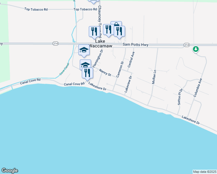 map of restaurants, bars, coffee shops, grocery stores, and more near 212 Lakeshore Drive in Lake Waccamaw