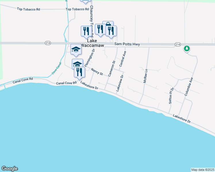 map of restaurants, bars, coffee shops, grocery stores, and more near 403 Cameron Street in Lake Waccamaw