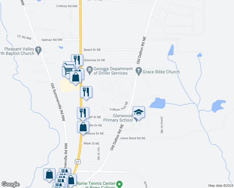 map of restaurants, bars, coffee shops, grocery stores, and more near 18 Trillium Trail Northeast in Rome