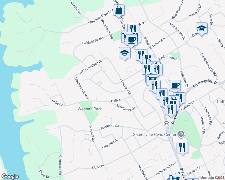 map of restaurants, bars, coffee shops, grocery stores, and more near 362 Christopher Drive in Gainesville