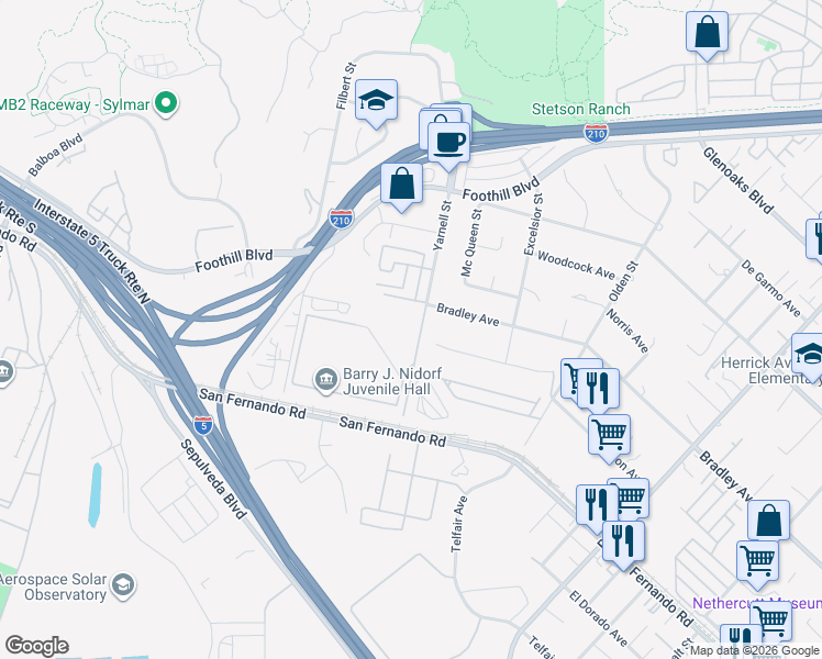 map of restaurants, bars, coffee shops, grocery stores, and more near 16151 Yarnell Street in Los Angeles