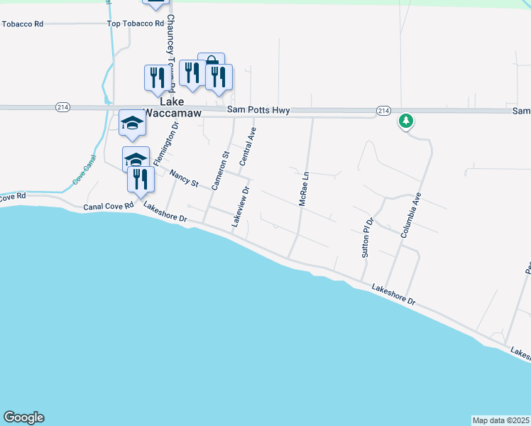 map of restaurants, bars, coffee shops, grocery stores, and more near 116 E Cypress St in Lake Waccamaw