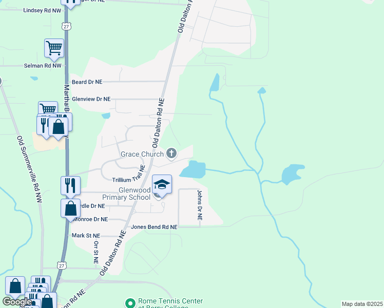 map of restaurants, bars, coffee shops, grocery stores, and more near 89 Glen Lake Road Northeast in Rome