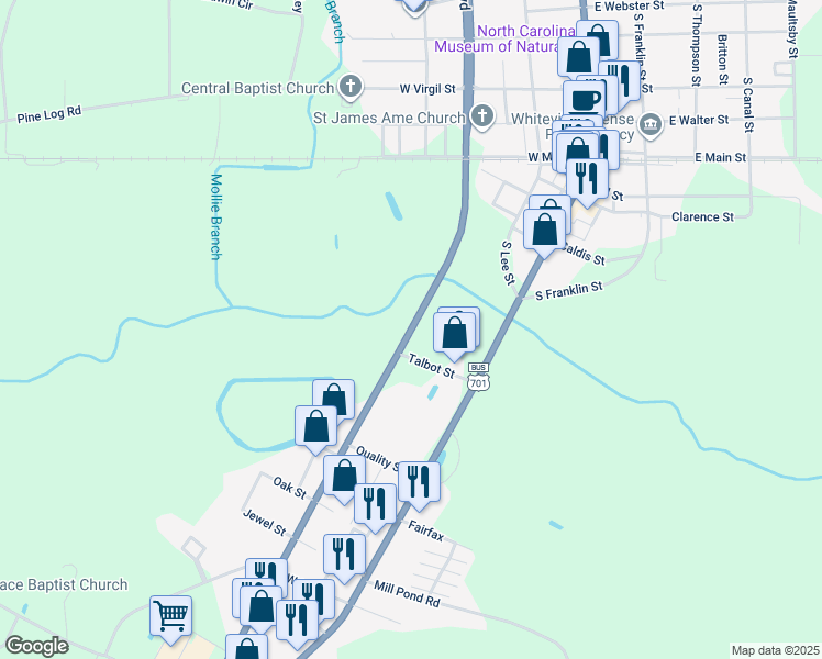 map of restaurants, bars, coffee shops, grocery stores, and more near North Carolina 130 in Whiteville