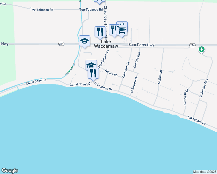 map of restaurants, bars, coffee shops, grocery stores, and more near 204 Lakeshore Drive in Lake Waccamaw