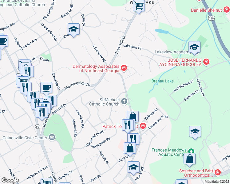 map of restaurants, bars, coffee shops, grocery stores, and more near 1387 Springdale Road in Gainesville