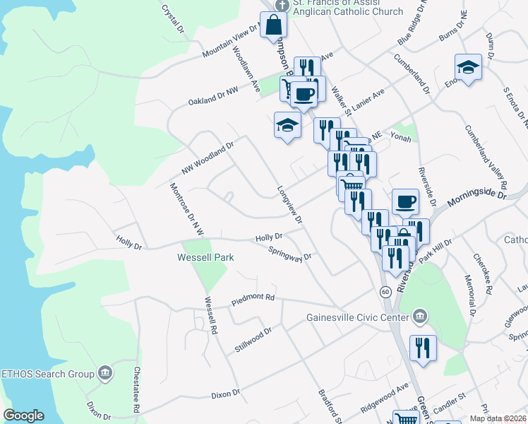 map of restaurants, bars, coffee shops, grocery stores, and more near 362 Christopher Drive in Gainesville