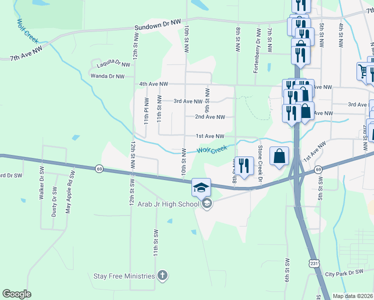 map of restaurants, bars, coffee shops, grocery stores, and more near 82 10th Street Northwest in Arab