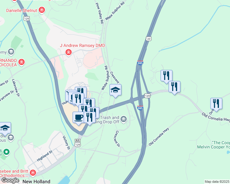 map of restaurants, bars, coffee shops, grocery stores, and more near 389 Crescent Drive in Gainesville