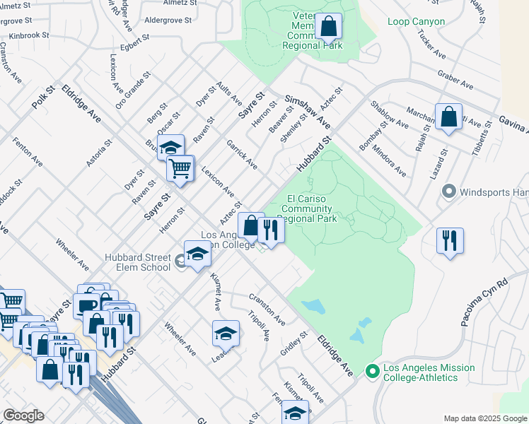 map of restaurants, bars, coffee shops, grocery stores, and more near 13100 Hubbard Street in Los Angeles