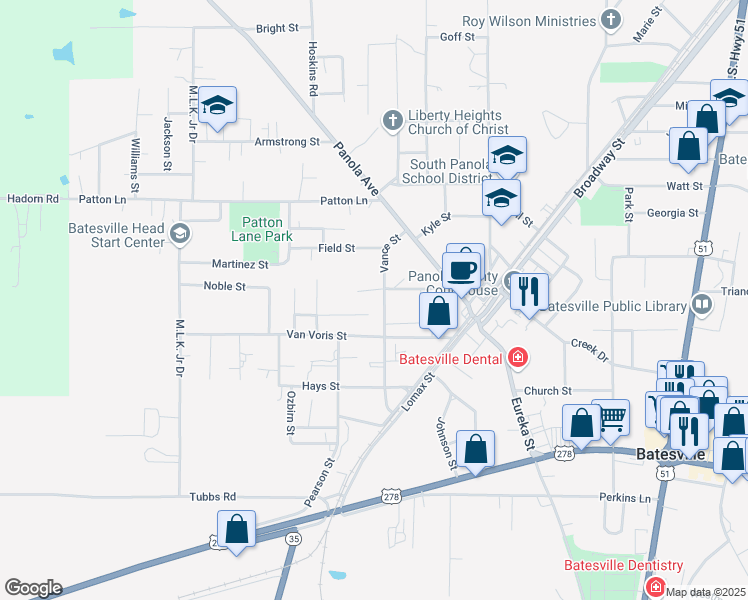 map of restaurants, bars, coffee shops, grocery stores, and more near 201 Lester Street in Batesville