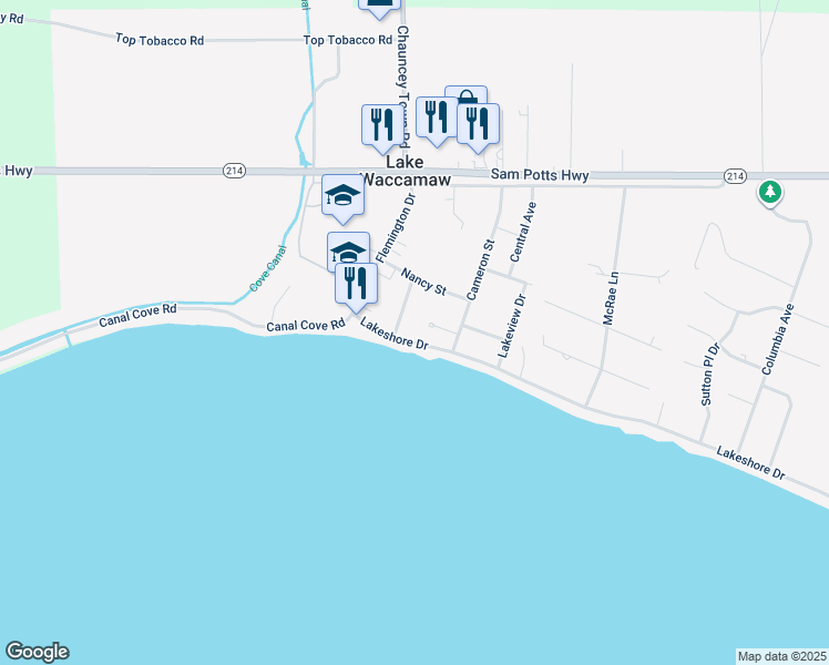 map of restaurants, bars, coffee shops, grocery stores, and more near 204 Lakeshore Drive in Lake Waccamaw