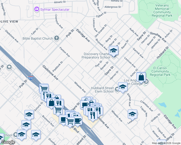 map of restaurants, bars, coffee shops, grocery stores, and more near 13582 Dyer Street in Los Angeles