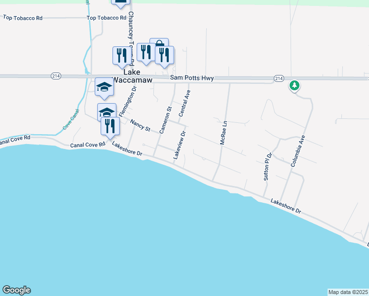 map of restaurants, bars, coffee shops, grocery stores, and more near 116 East Cypress Street in Lake Waccamaw