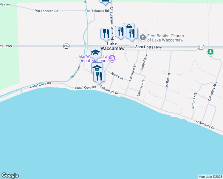 map of restaurants, bars, coffee shops, grocery stores, and more near 200 Lakeshore Drive in Lake Waccamaw
