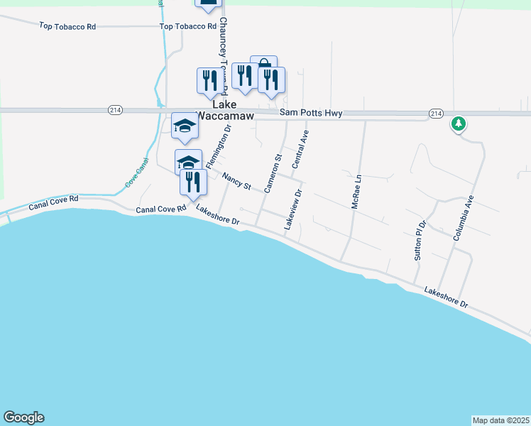 map of restaurants, bars, coffee shops, grocery stores, and more near 401 Cameron Street in Lake Waccamaw