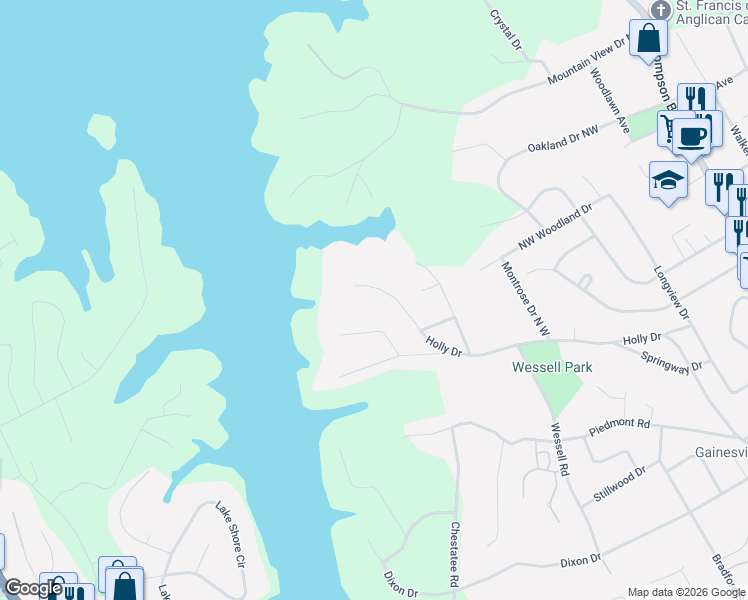 map of restaurants, bars, coffee shops, grocery stores, and more near 779 Holly Drive in Gainesville