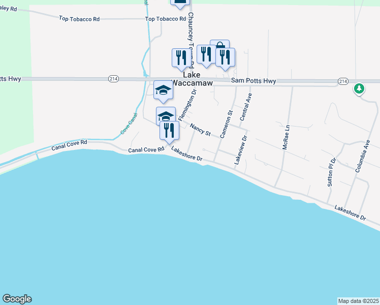 map of restaurants, bars, coffee shops, grocery stores, and more near 200 Lakeshore Drive in Lake Waccamaw