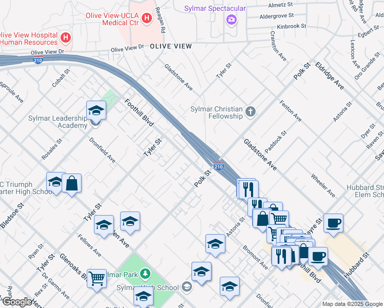 map of restaurants, bars, coffee shops, grocery stores, and more near 14175 Foothill Boulevard in Los Angeles