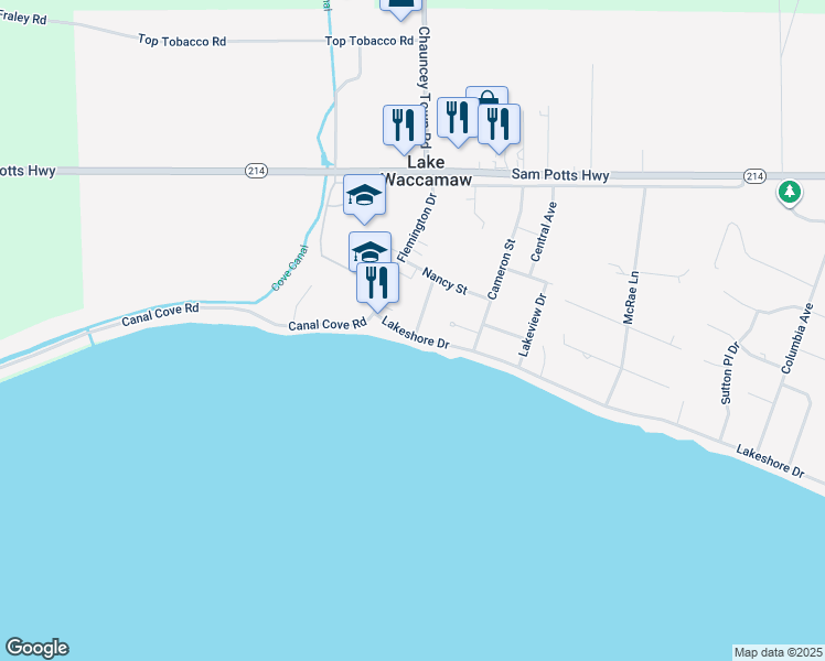 map of restaurants, bars, coffee shops, grocery stores, and more near 112 Lakeshore Drive in Lake Waccamaw