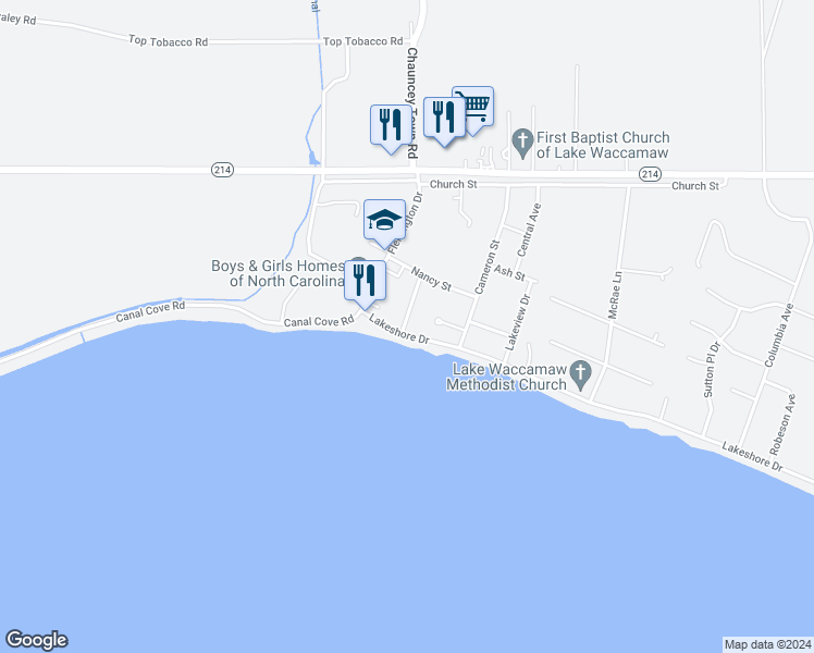 map of restaurants, bars, coffee shops, grocery stores, and more near 200 Lakeshore Drive in Lake Waccamaw