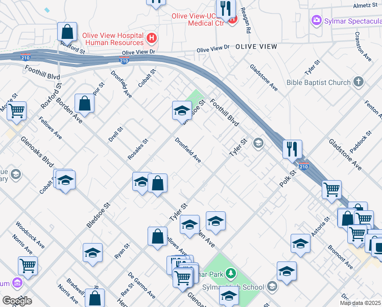 map of restaurants, bars, coffee shops, grocery stores, and more near 13080 Dronfield Avenue in Los Angeles
