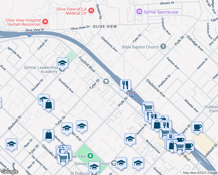 map of restaurants, bars, coffee shops, grocery stores, and more near 14200 Foothill Boulevard in Los Angeles