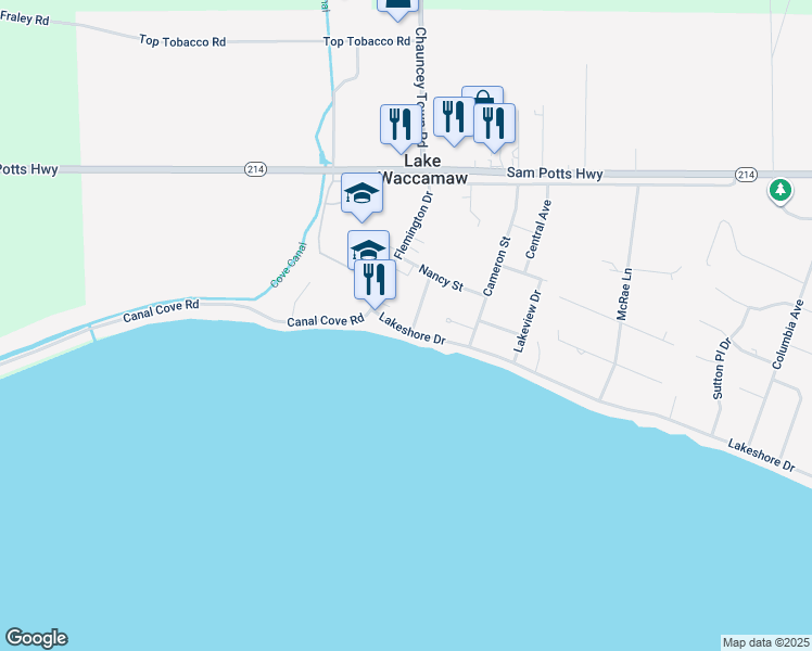 map of restaurants, bars, coffee shops, grocery stores, and more near 110 Lakeshore Drive in Lake Waccamaw