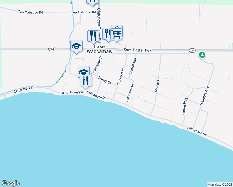 map of restaurants, bars, coffee shops, grocery stores, and more near 401 Cameron Street in Lake Waccamaw