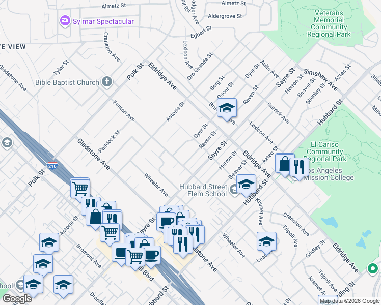 map of restaurants, bars, coffee shops, grocery stores, and more near 13529 Raven Street in Los Angeles