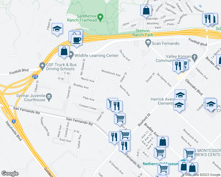 map of restaurants, bars, coffee shops, grocery stores, and more near 15744 Sorbonne Street in Los Angeles