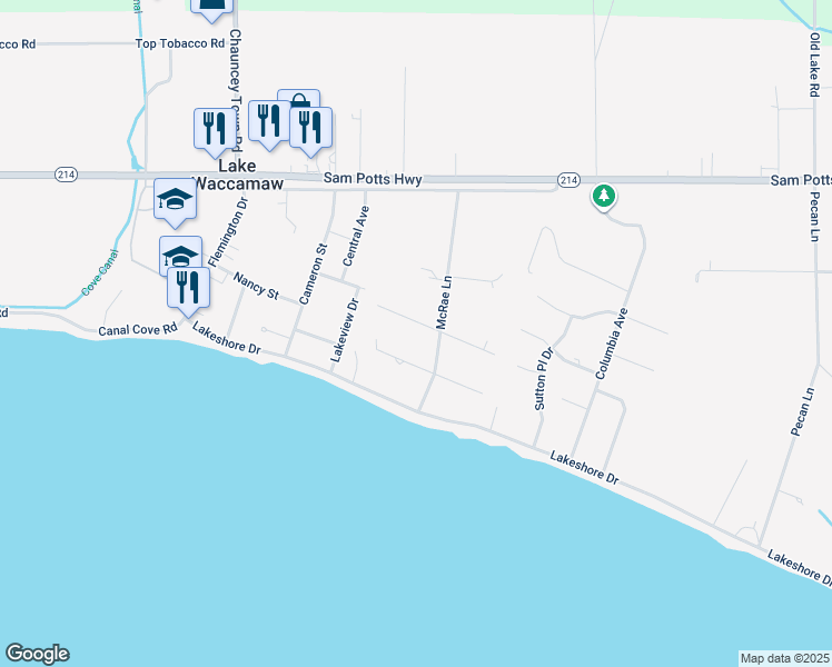 map of restaurants, bars, coffee shops, grocery stores, and more near 105 East White Oak Street in Lake Waccamaw