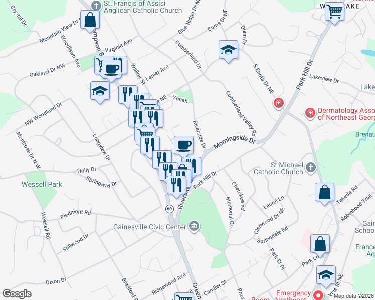 map of restaurants, bars, coffee shops, grocery stores, and more near 1096 Riverside Terrace in Gainesville