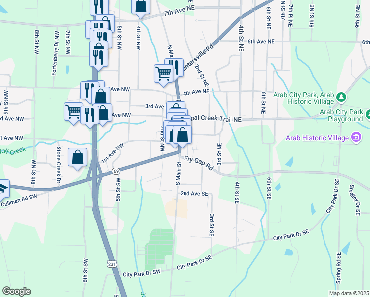 map of restaurants, bars, coffee shops, grocery stores, and more near 51 North Main Street in Arab