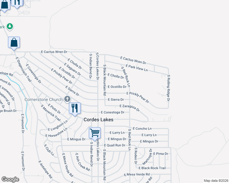 map of restaurants, bars, coffee shops, grocery stores, and more near 20566 E Prickly Pear Dr in Mayer