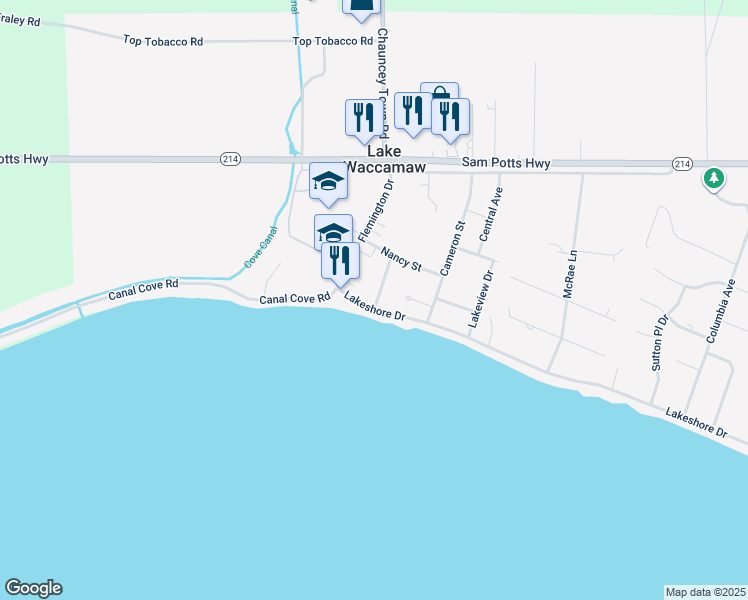 map of restaurants, bars, coffee shops, grocery stores, and more near 112 Lakeshore Drive in Lake Waccamaw